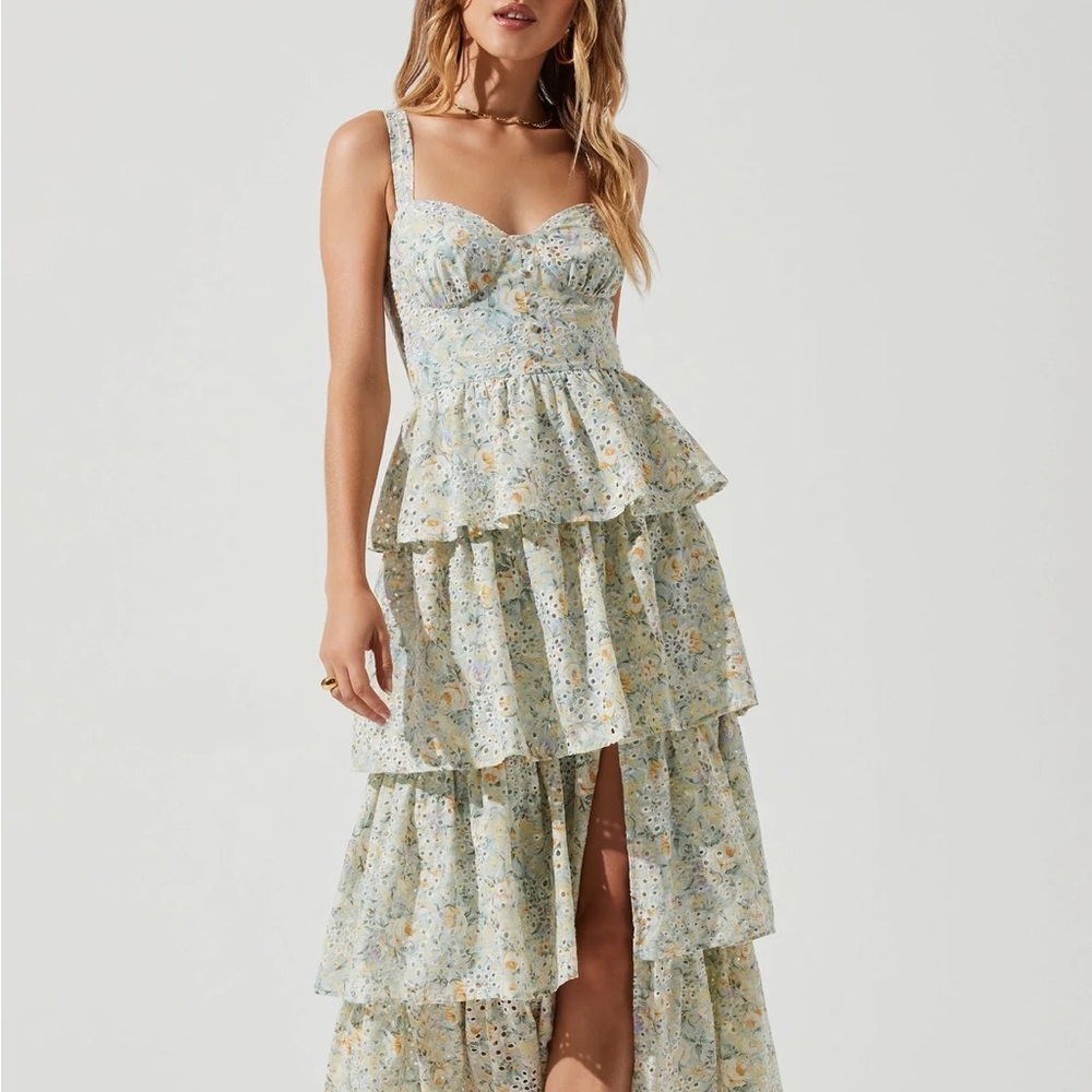 Astr Tiered Floral Maxi Dress in Light Blue and Yellow